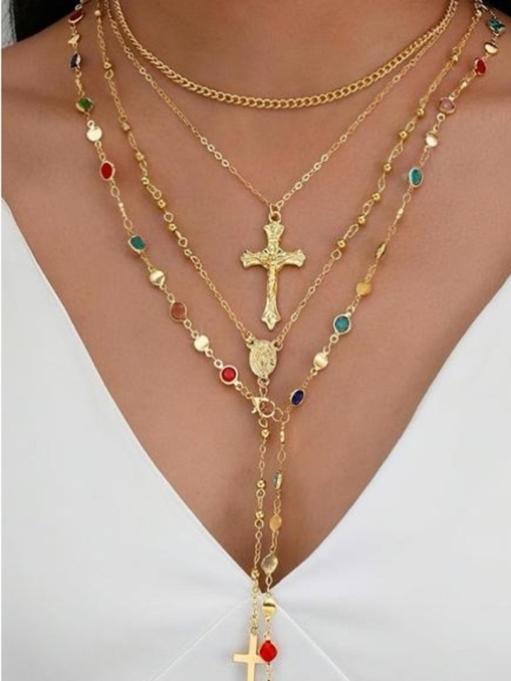 Anthropologie Gold Layered Cross Necklace with Multicolor Stones - Picture 5 of 5